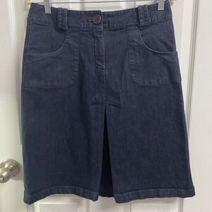 Talbots Size 8 Dark Blue Denim Jean Skirt Stretch Knee Length Front Pleat-cute!‎